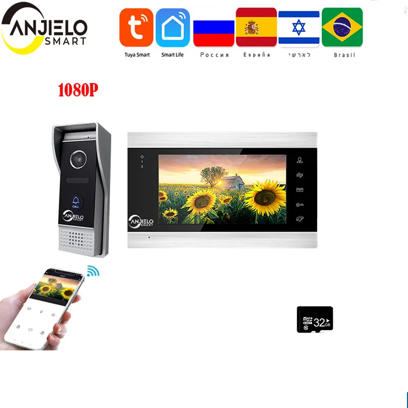 ANJIELO SMART Interphone vidéo sans fil avec caméra HD, écran de 7'',  support d'alarme de détection de mouvement Noir/Argenté