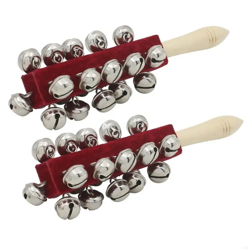 C4DE 2Pcs Christmas Hand Bells Musical Percussion Hand Sleigh Bells Wood Handle Stick Shaker 21 Percussion Instrument