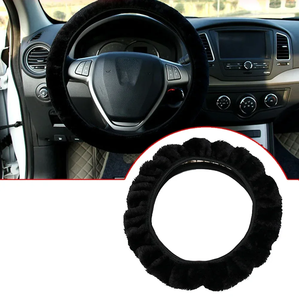 

1pc Car High-quality Black Soft 36-38cm Short Fur 15" Car Steering Wheel Anti-slip Cover Universal Accessories for Winter Warm