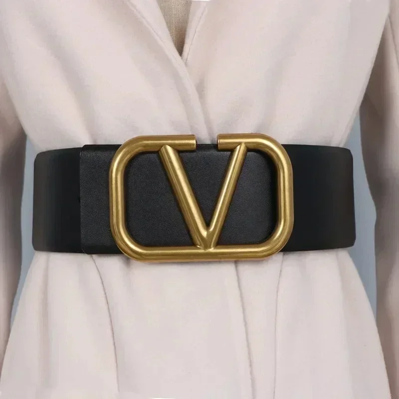 

Wide Belt Women's Cummerbunds Cowhide Metal Large V-Shaped Buckle Dress Coat Decoration Waist Seal Waist Tight Ins Fashion Belt