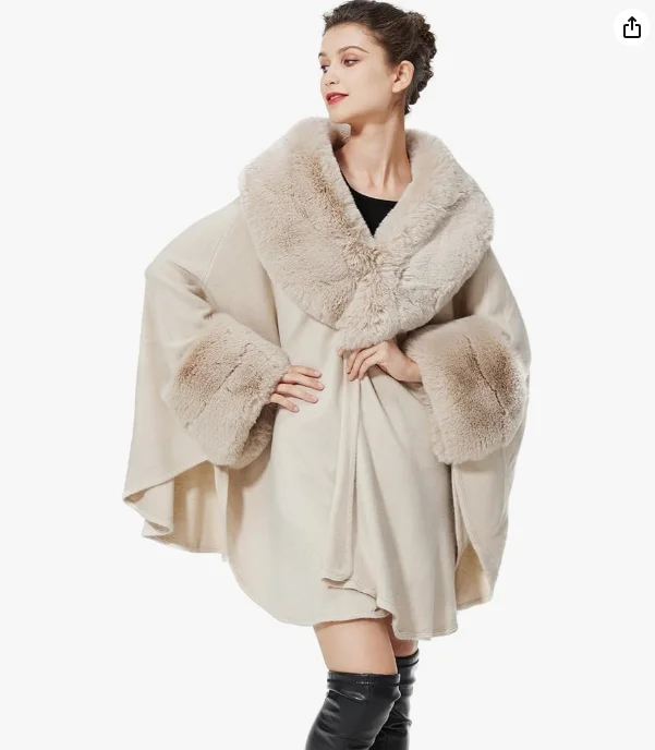 Description Picture 2 of item7 Color Women Big Faux Fur Neck Cardigan Cape Poncho Winter Thick Warm Loose Batwing Sleeves Long Cloak Big Pendulum Street Wear