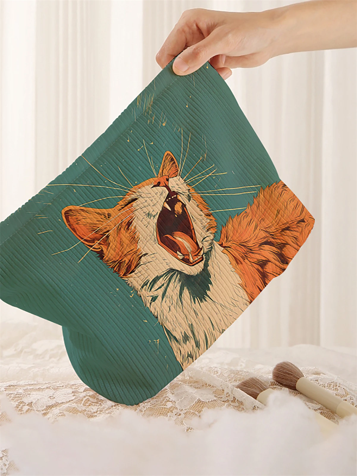 1 cat patterned corduroy makeup bag, lightweight zipper makeup storage box, multifunctional bag with lining