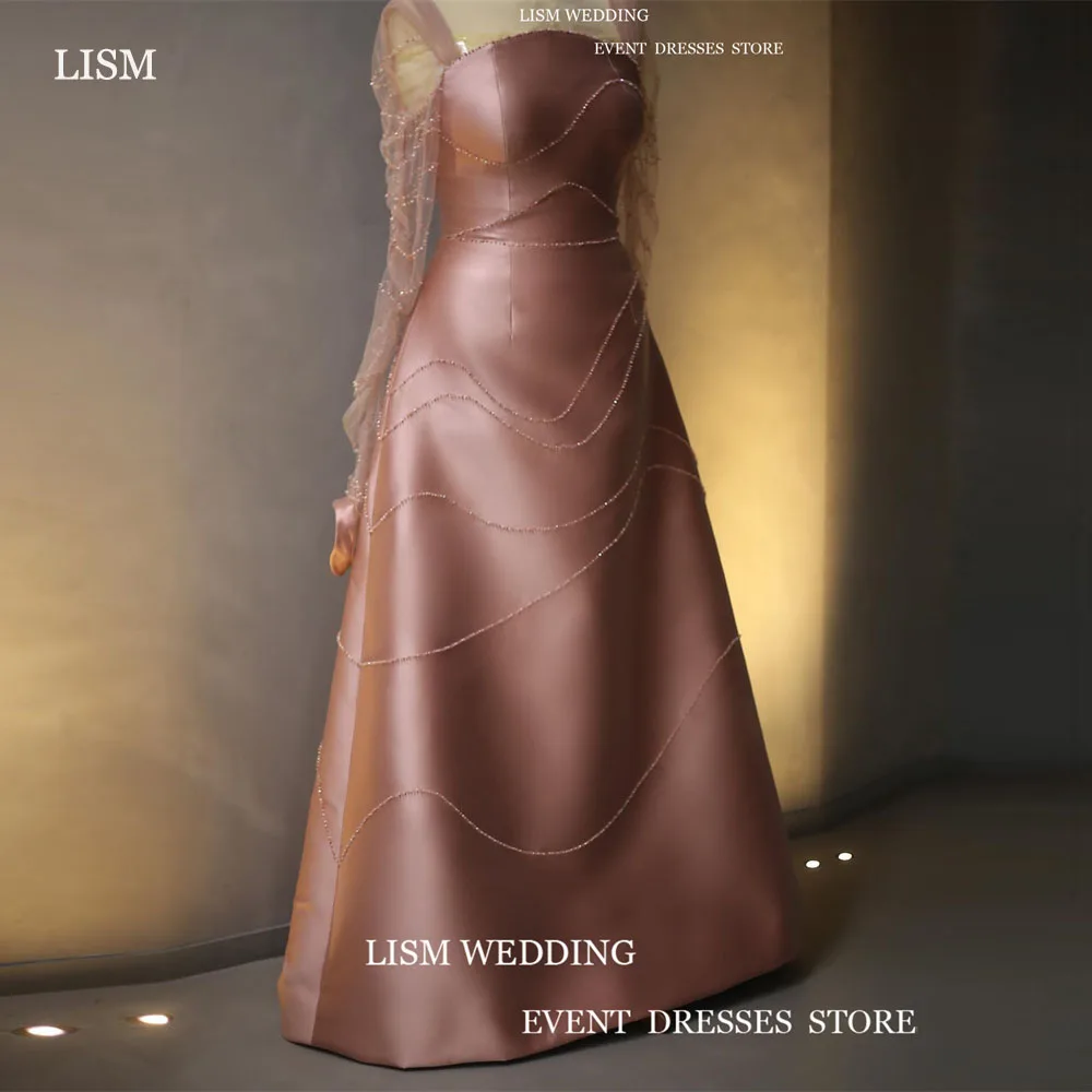

Атласные вечерние платья LISM розового цвета с блестящими бусинами и квадратным вырезом, кружевные платья с длинным рукавом для выпускного вечера, официальное женское платье принцессы