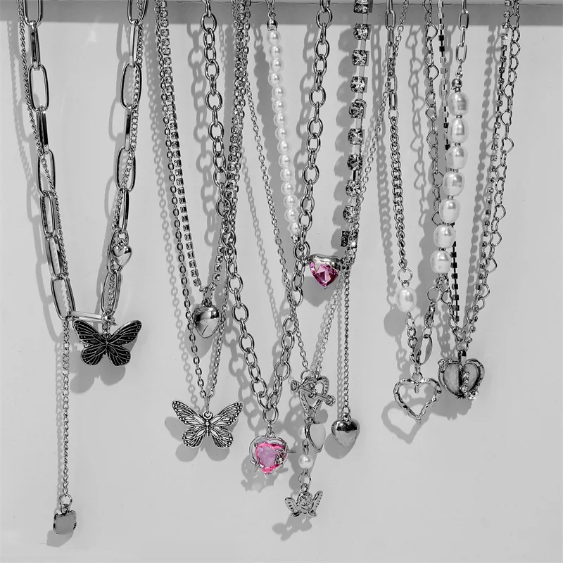 SilverY2KNecklaceFashionButterflyPearlPinkCrystalHeartDrop