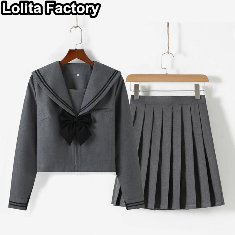 Japanese Women JK uniform gray Short/long Sleeve School Uniforms For Girls College Sailor Pleated Skirt JK Sets Uniform