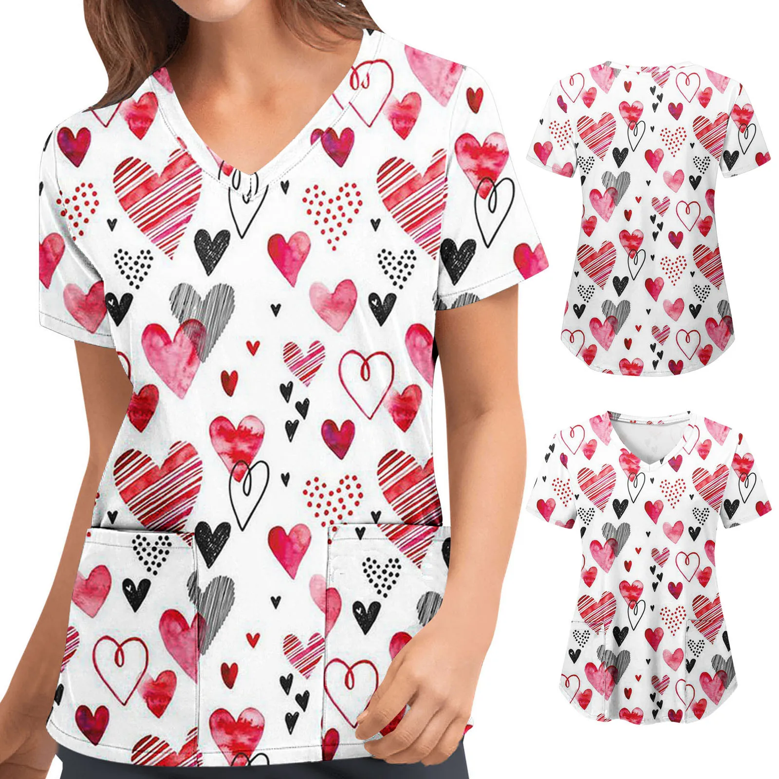 

Shirt Sleeve Print Heart V Love With Pockets Blouse Short Working Tops Day Women Neck Valentine's Women's Blouse