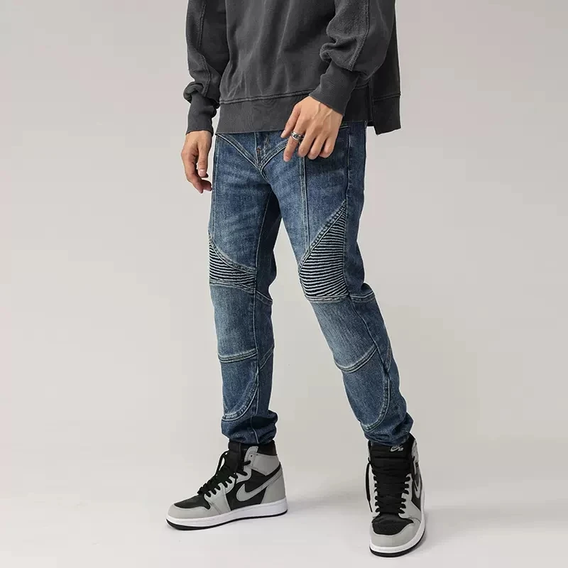 High Street Fashion Men Jeans Retro Blue Elastic Stretch Slim Fit Biker Jeans Men Spliced Designer Hip Hop Denim Pants Hombre
