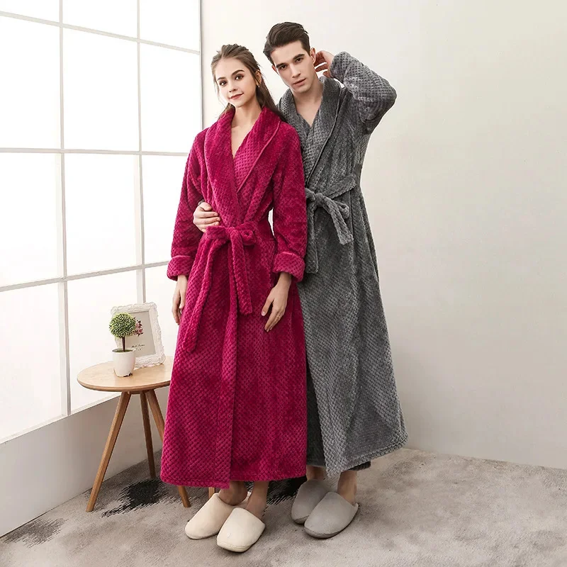 

Lovers Winter Thick Warm Flannel Bathrobe Men Extra Long Kimono Bath Robe Women Soft As Silk Dressing Gown for Mens Night Robes