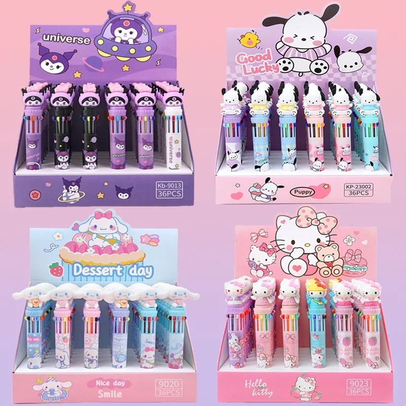 

36pcs Sanrio 10 Colors Ballpoint Pen Hello Kitty Cinnamoroll Kuromi Pachacco Multicolor Pen Gel Pens School Supplies Stationery