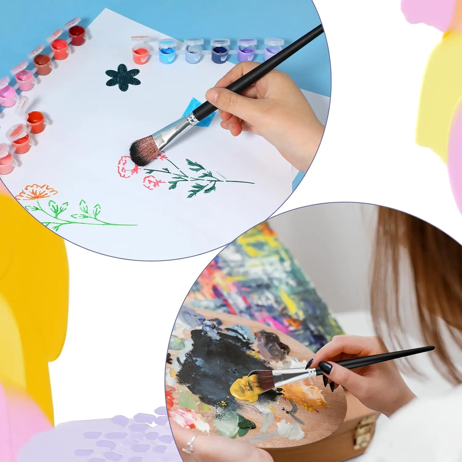 6개입 유티아스 블루 블랙 팬 와이드 걸레 브러쉬-짧은 손잡이 나무 재질. 아크릴, 수채화, 유화, 구아슈, 세라믹용으로 설계됨