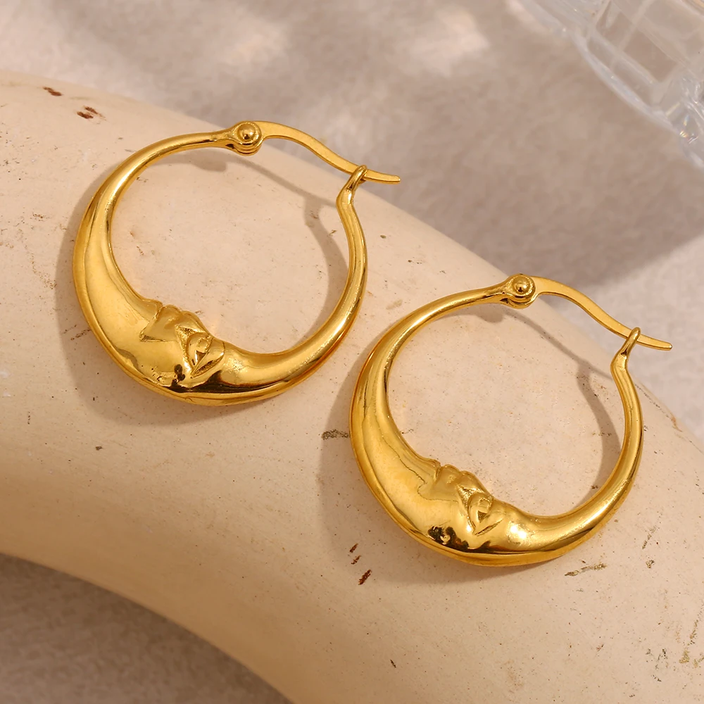 18K Gold Plated Stainless Steel Moon Hoop Earrings – Unique Waterproof Statement