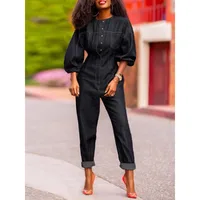 Women's Denim Jumpsuit Round-Neck Buttoned 3/4 Puff Sleeves Loose Fit Casual Streetwear Fashion Romper One-piece Outfits - Image 2