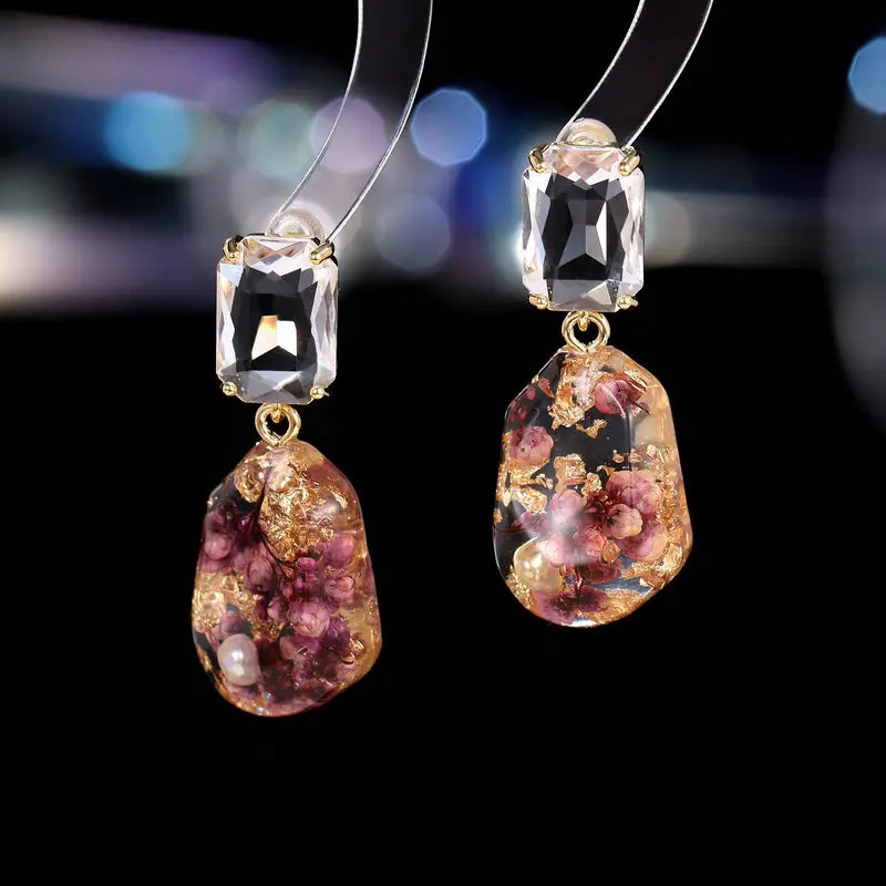 FXLRY Elegant Ss925 Silver Nneedle Resin Drop Glue Dried Flower Earrings For Women Wedding Bridal Party Jewelry