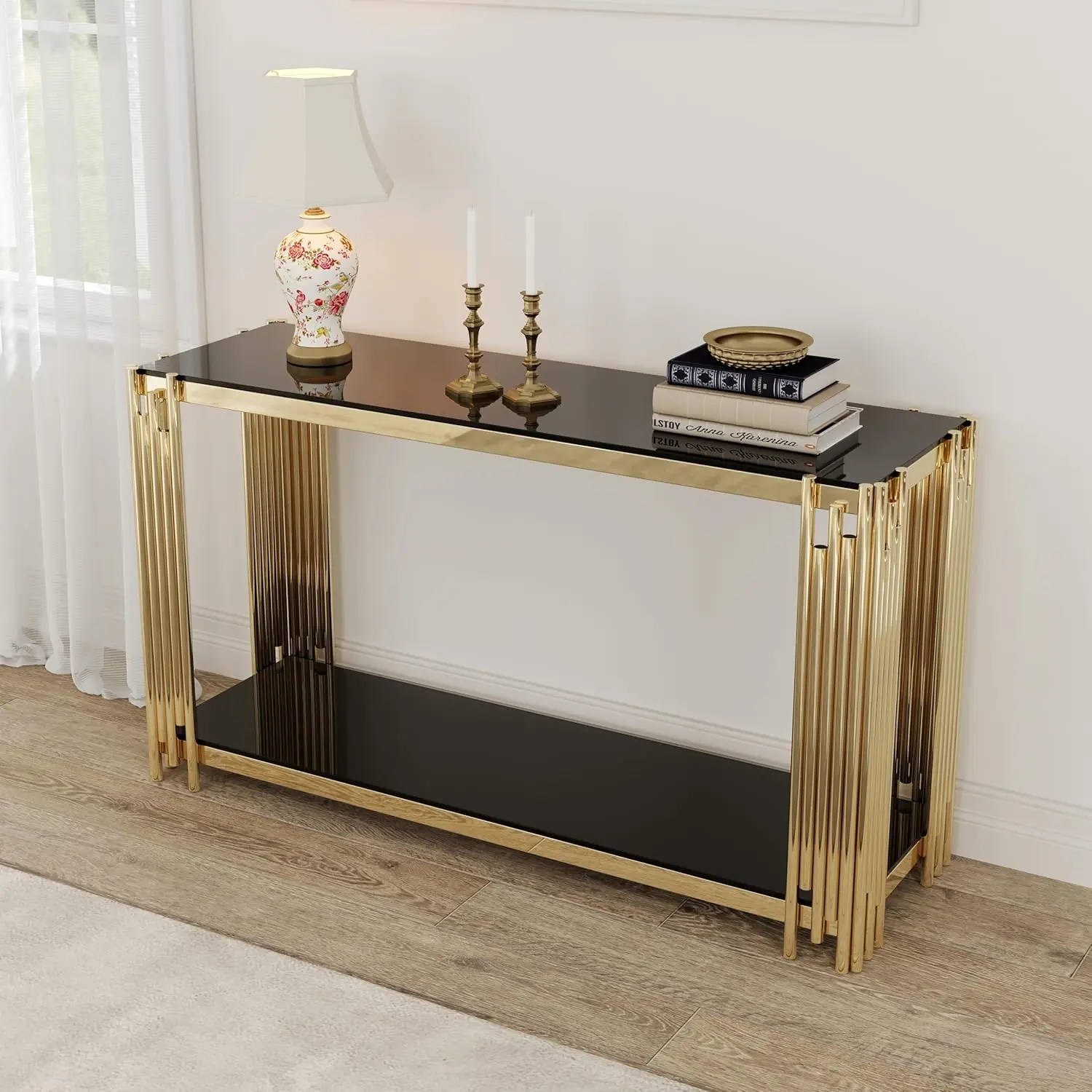 Glass Console Table Modern Black Glass Entryway Tables 2-Tier Luxury Accent Sofa Table with Tempered Top and Golden