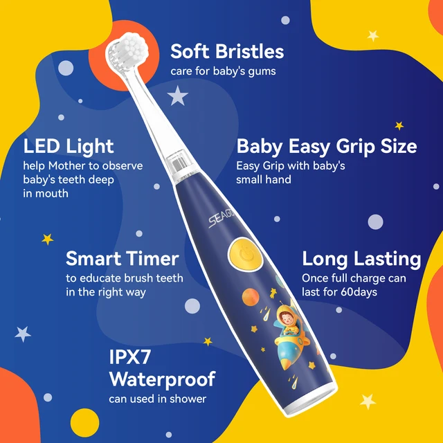 Seago Kids Electric Toothbrush with Sticker LED Colorful/Observing Light 3 Modes Smart Timer Waterproof Teeth Clean for Child 3