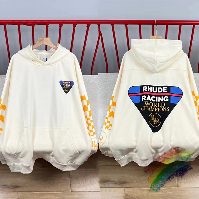 

Patchwork Rhude Racing Hoodie Men Women Oversize Checkerboard Sleeves Apricot Sweatshirts Pullover