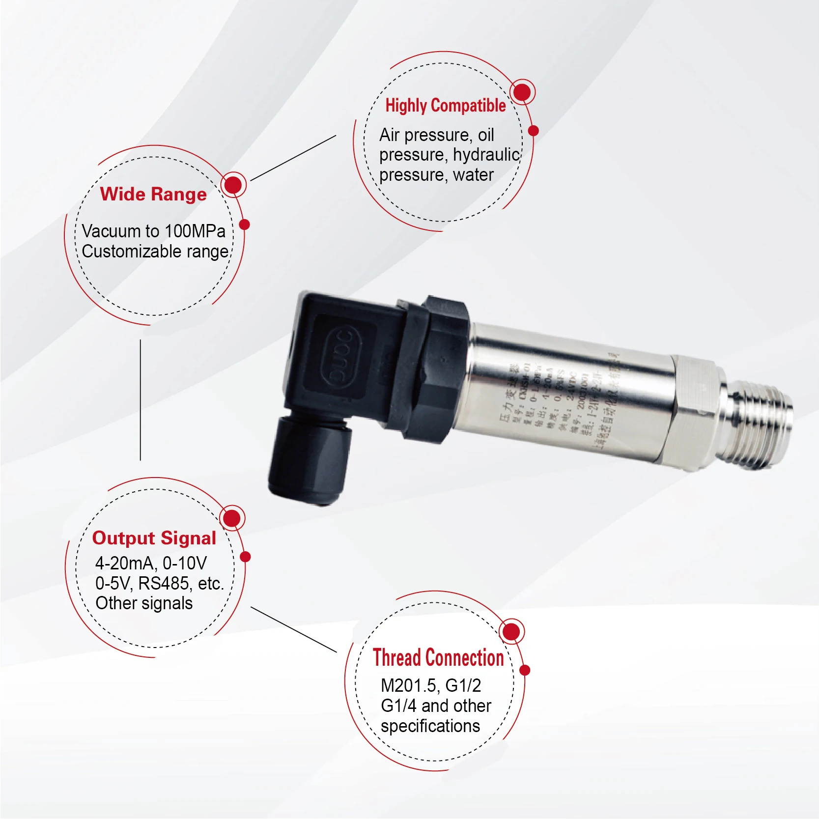 Pressure Sensor Pressure Transmitter Sensor 4-20mA 0-10V RS485 Hirschmann Stainless Steel G1/4 NPT1/4 for Oil Water Gas High Accuracy 0-600bar