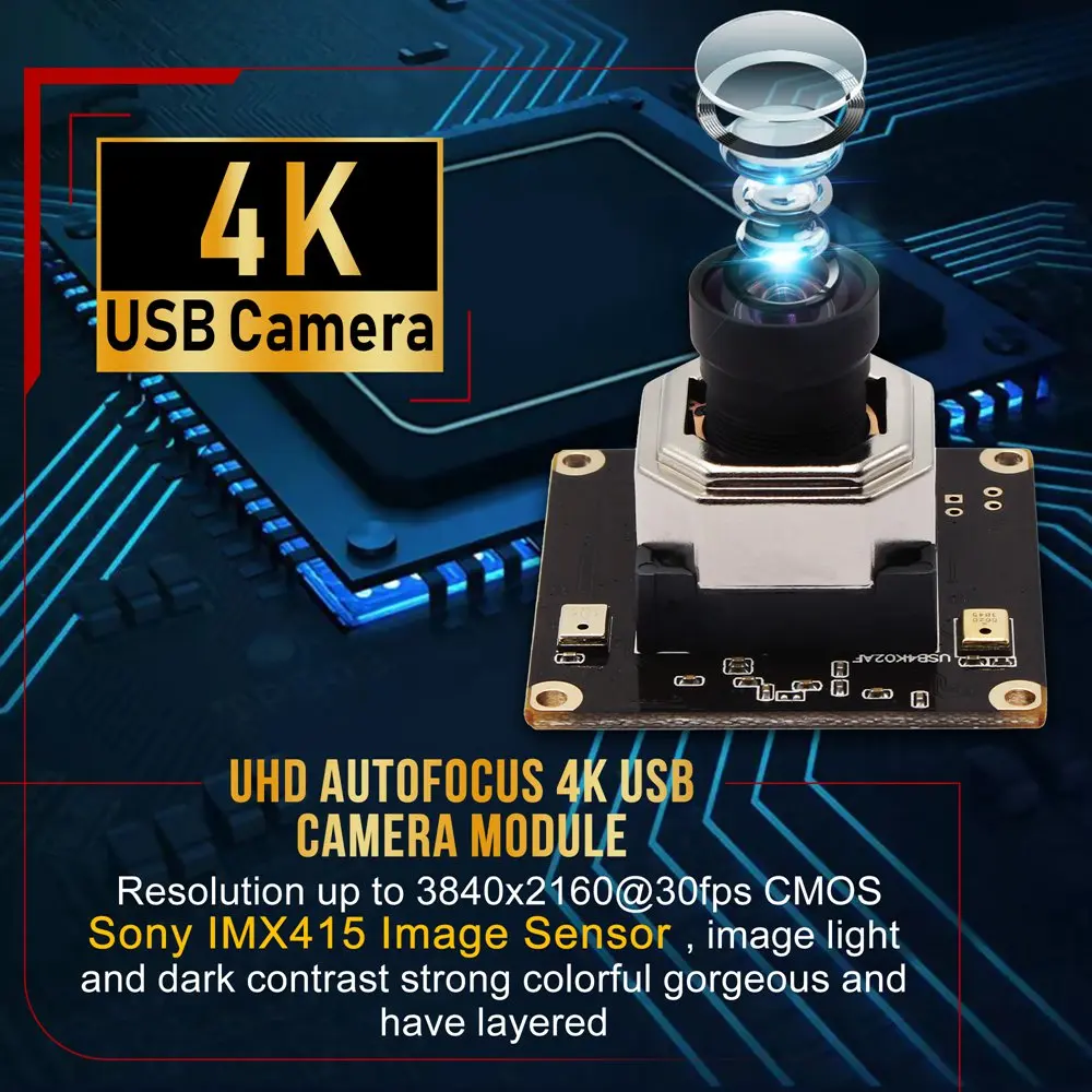ELP 4K USB 카메라 자동 초점 무 왜곡 렌즈, IMX415 웹캠 모듈 마이크, 화상 회의 온라인 교육용, 100 도