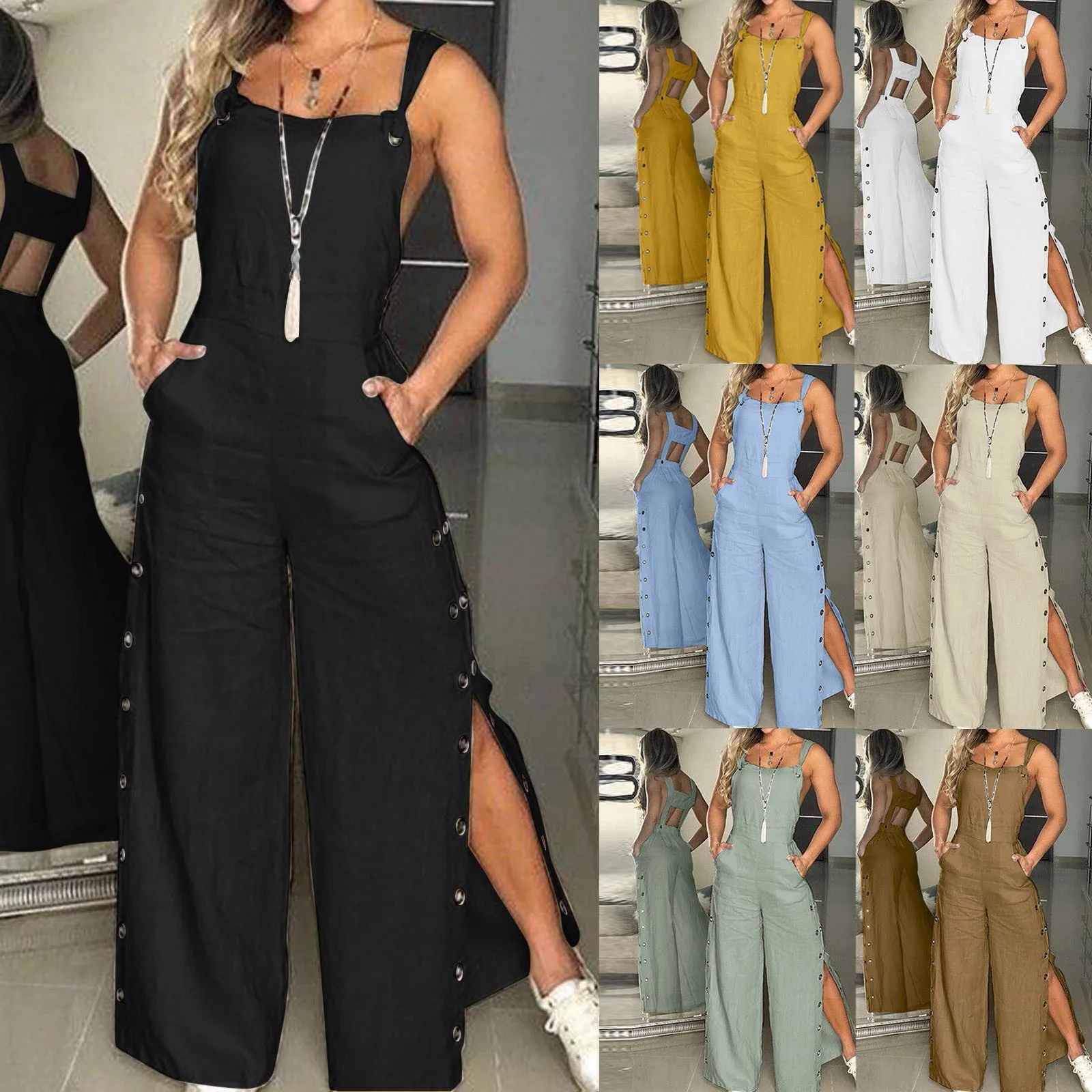 Women's Summer Sleeveless Twisted Knot Cotton Linen Strappy Jumpsuit Side Button Opening Loose Long Pants Women Playsuit Overall