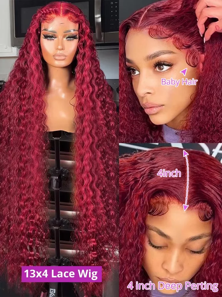 Deep Wave 99J Burgundy 13x6 Lace Frontal Wig Human Hair 13x4 Curly 30 36 Inch HD Transparent Lace Front Wigs Brazilian Red Wine