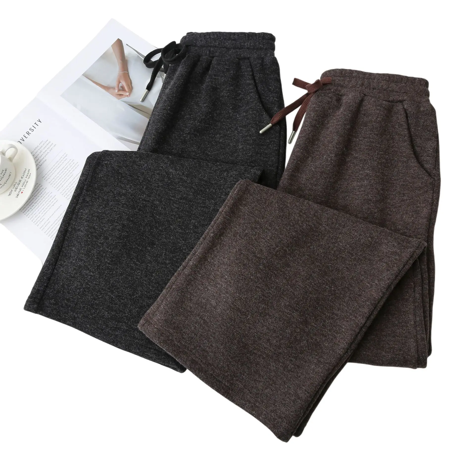 XXXXL Fashion Plus Size Women's Straight Leg Pants Winter Style Simple Versatile Fleece And Thickened Woolen Warm Trousers 8607
