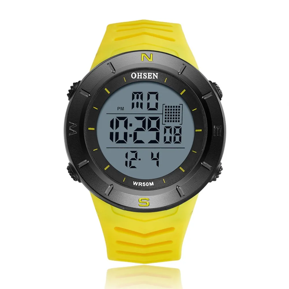 Ohsen Mannen Horloges Elektronische Led Outdoor Militaire Wateroof Horloge Geel Siliconen 5ATM Dive Stopwatch Klokken Digitale Horloge