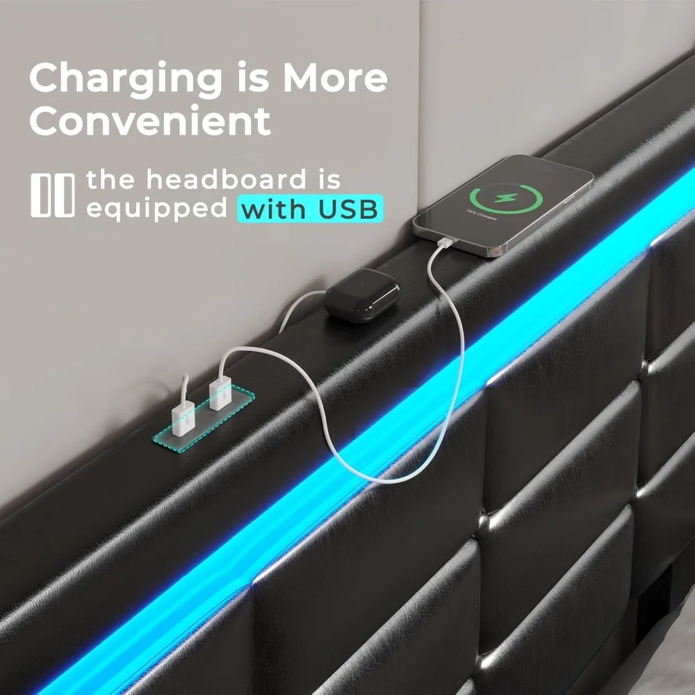 ADORNEVE Full Size Bed Frame with Storage Drawers, LED Lights Headboard Footboard, Upholstered Leather Platform LED Bed Frame wi