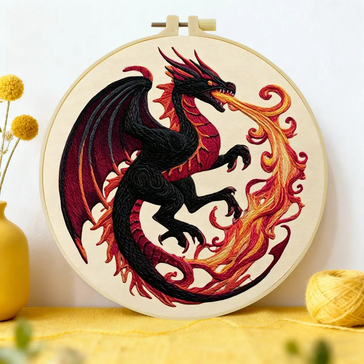 1 Stück 20X20CM/15X15CM 7,87/6,3 Zoll Feuerdrachen-Stickerei-Starter-Kit DIY-Kit DIY-Stickerei-Set Handarbeiten Nadelkunst