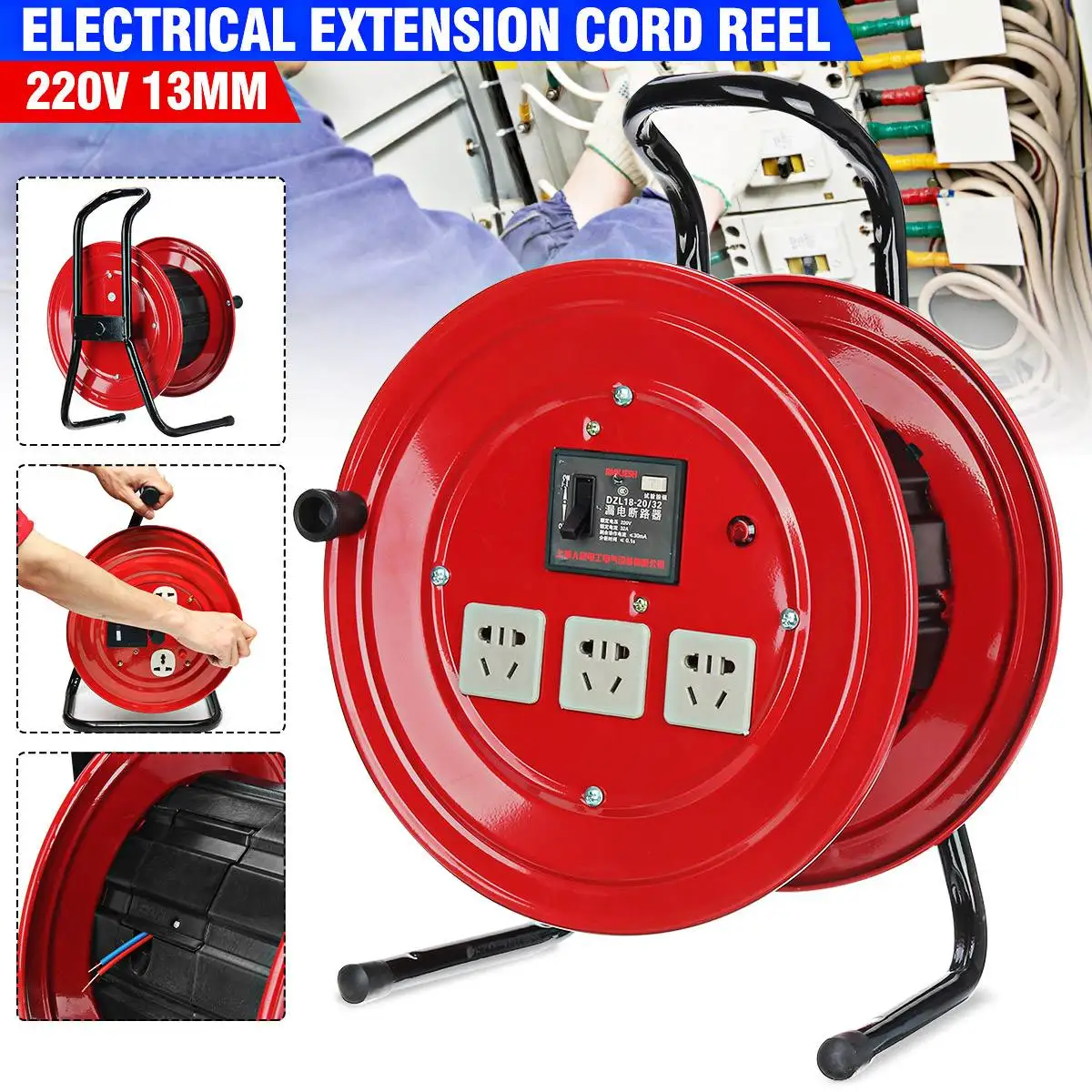13mm Professional 220v Electrical Extension Cord Reel Multioutlet