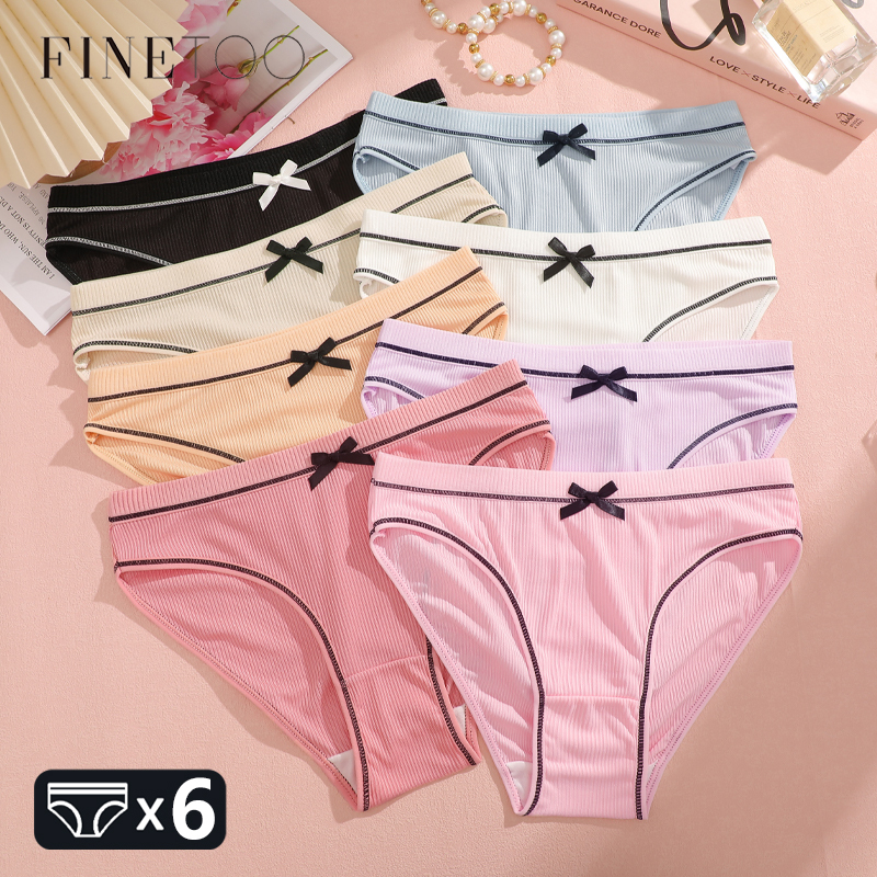 FINETOO 6Pcs Women's Ribbed Underwear Sexy Bow Tie Mid-Waist Panties Girls Solid Color Breathable Briefs Sports Soft Lingerie