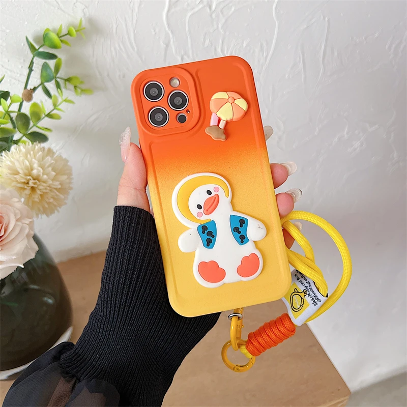 Custodia per telefono con cinturino da polso a forma di anatra carina per Xiaomi Poco X2 X3 X4 NFC X5 Pro X6 F5 F3 F4 GT F2 M3 M4 M5 M6 Braccialetto a cartoni animati Custodia morbida_voghion.com