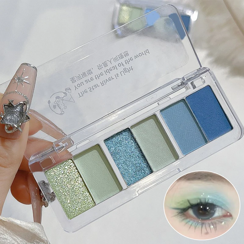 6 Color Smoke Blue Green Glitter Eyeshadow Palette Brightening Waterproof Matte Shimmer Summer Lying Silkworm Eye Pigment Makeup
