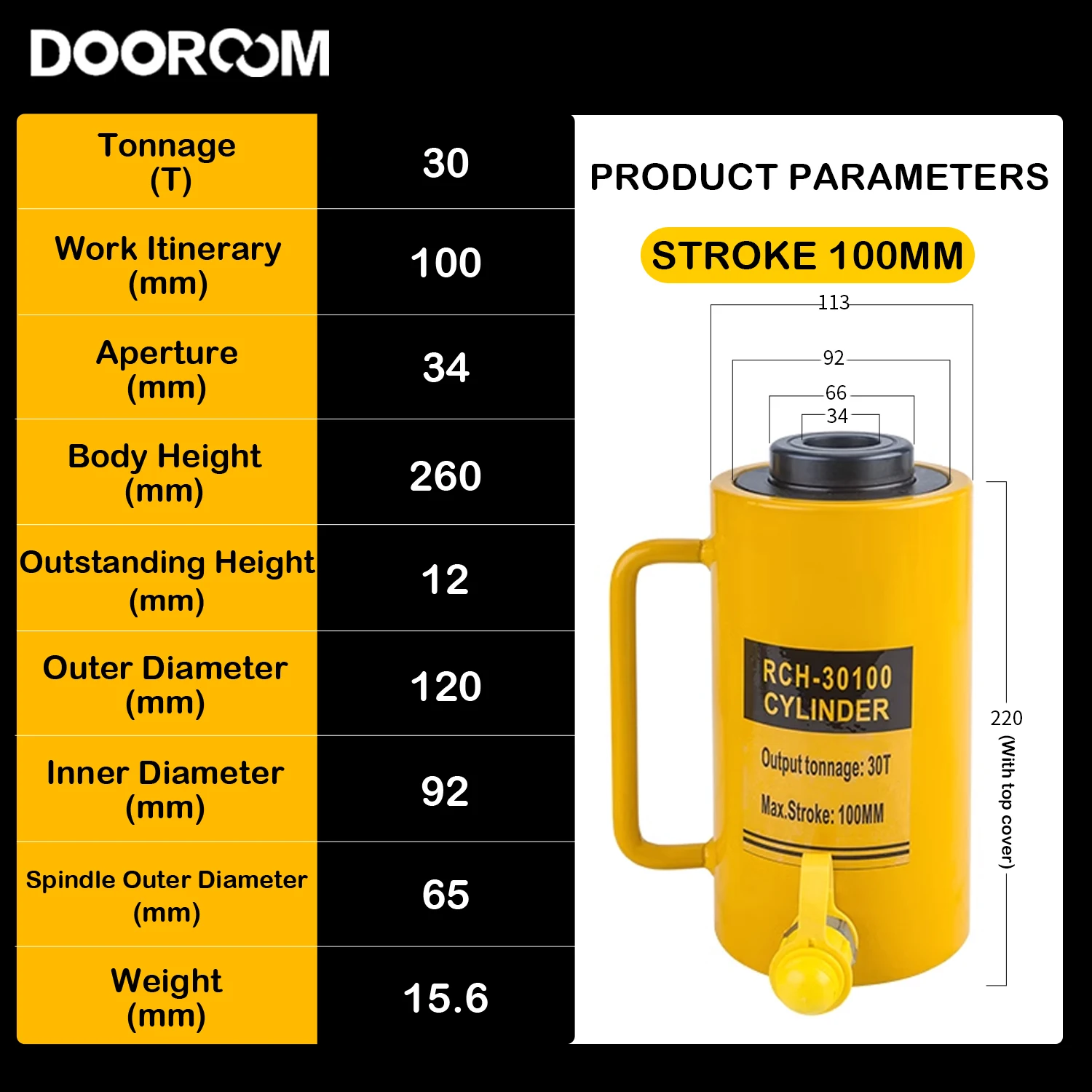 DOOROOM 30T Hollow Plunger Hydraulic Cylinder RCH-20 30TSingle Acting Ram Cylinder 100mm Heavy Duty Lifting Tool Multifunctional 4