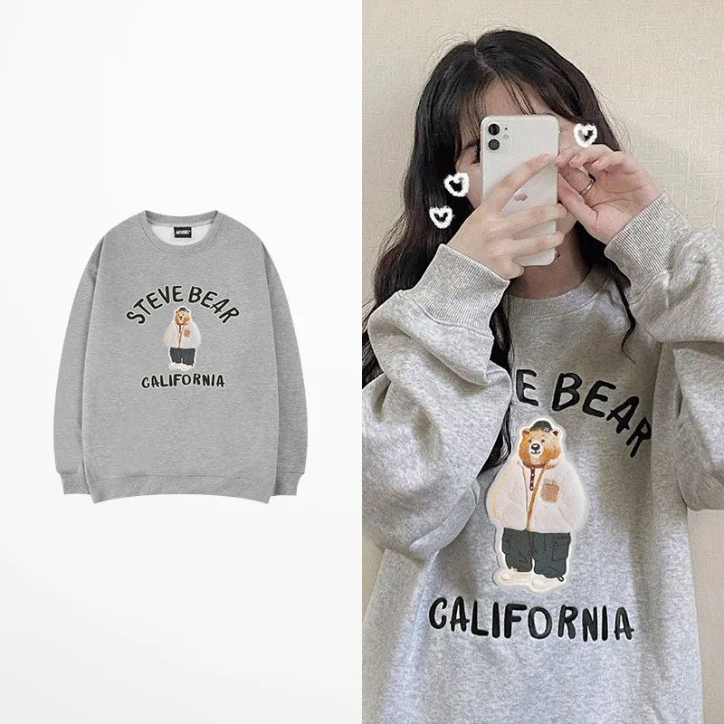 

New Fashion Cartoon Bear Print Blue Grey Hoodie Man Women Winter Fleece Hoodies Male High Street Streetwear Harajuku Coat Men