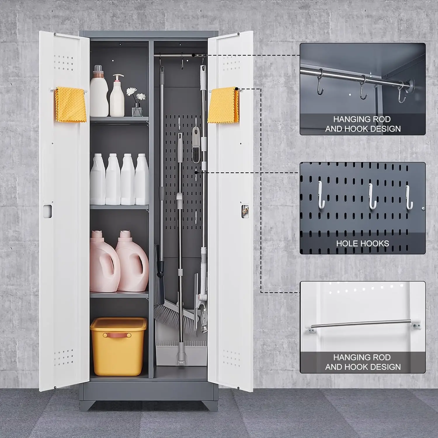 Broom Closet Storage Cabinet with Locking Doors,Cleaning Tool Cabinet,Metal Storage Cabinet with Shelves and Hanging R 6