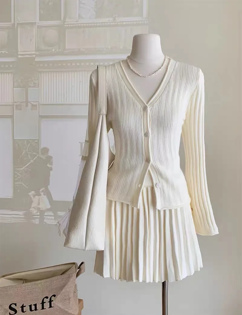 Autumn Y2K Knitted 2-piece Skirt Set Solid Single Breasted V-neck Cardigan Pleated Mini Skirt Korean Chic Suit Knitting Outfits