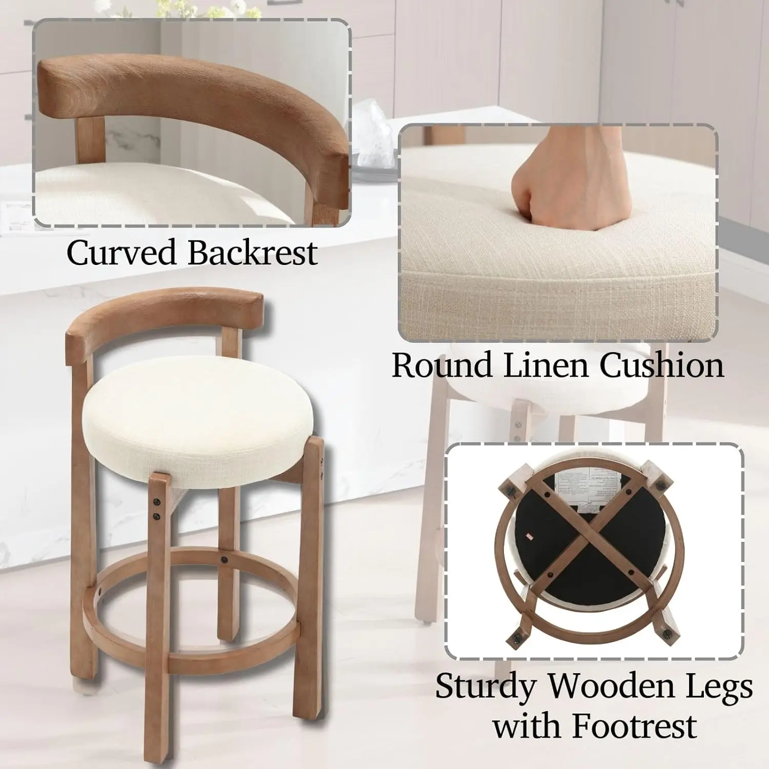Mid Century Linen Counter Stools Set of 4, Upholstered 26.5” Seat Height Low Barstools with Natural Wood Legs Round Low Back