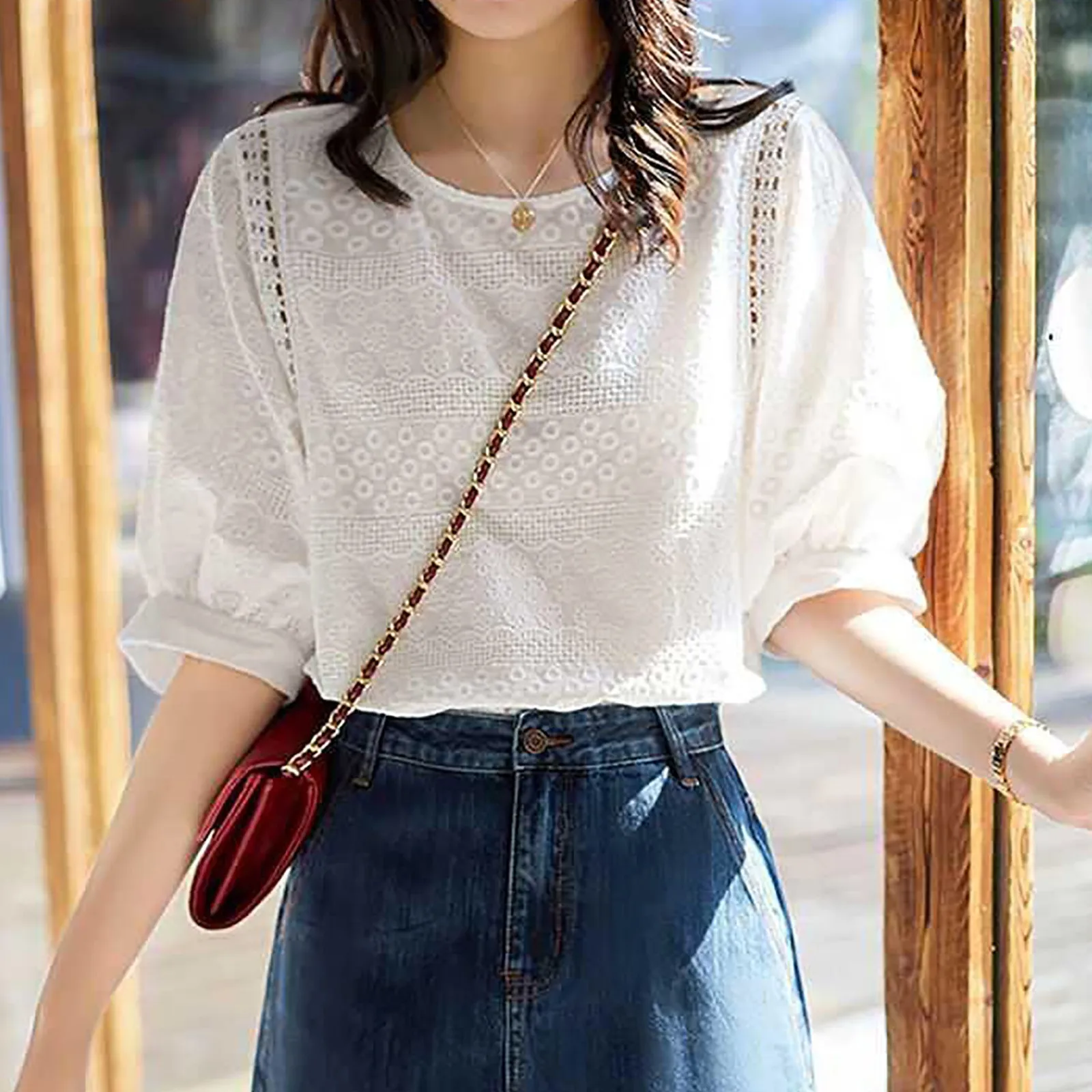 

Модная женская рубашка с вырезами, кружевные блузки с коротким рукавом, Новинка лета 2024, свободные тонкие зарубежные женские свободные топы, 옷