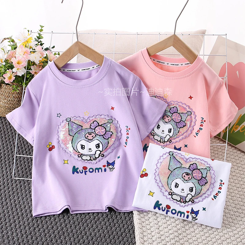 

2024 Summer Kuromi T-Shirt Sanrio Kawaii Anime Children Sequins Change Color Face Tops Sweet Cute Babys Short-Sleeved Kid Gift