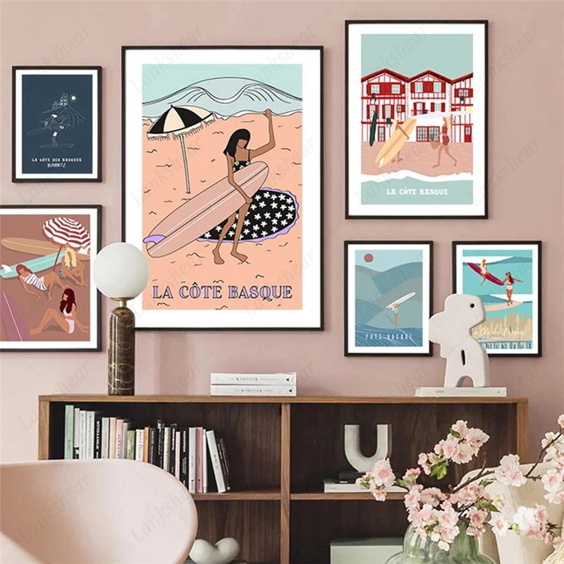 

French Surf Canvas Painting Abstract Lines Illustrated Surfing Modular Posters and Prints Pictures Wall Art Home Decoration Gift