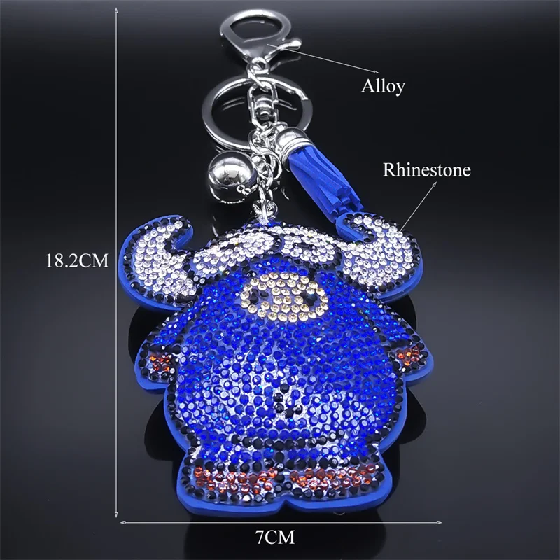 Cartoon Ox Bull Keychain for Women Men Blue Tassel