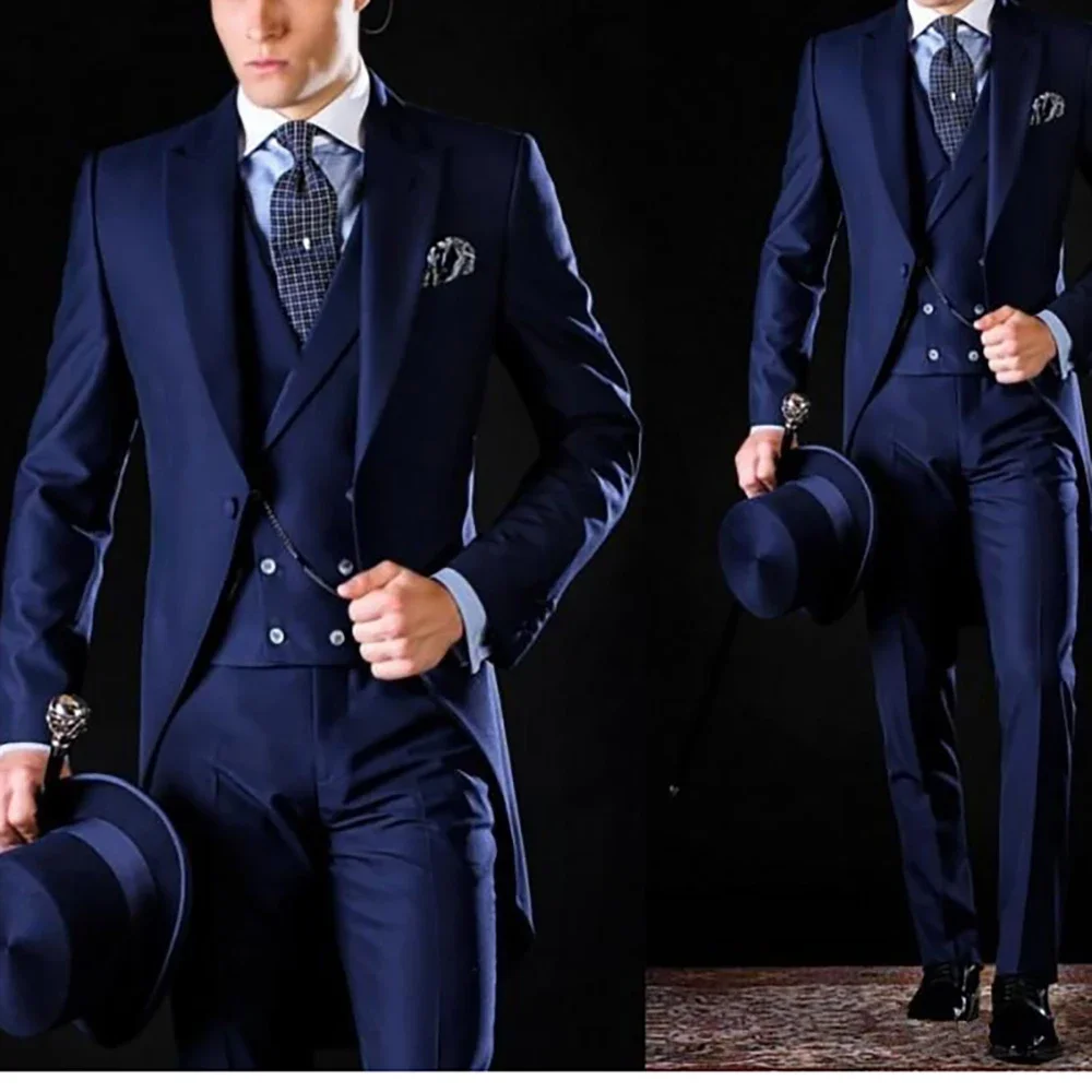 

Blue Tuxedo Men Suits Long Blazer Pants Vest 2024 Prom Party Single Breasted Peak Lapel Luxury 3 Piece Jacket Pants Vest Slim