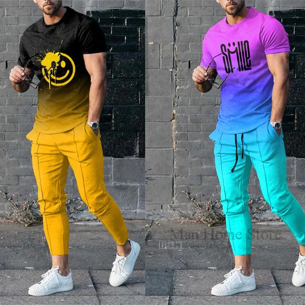 

NEW Summer Men's Cool Short-Sleeved Shirt With Trousers Set Gradient 3D Print Fashion Brand Casual Sweatshirt Sets