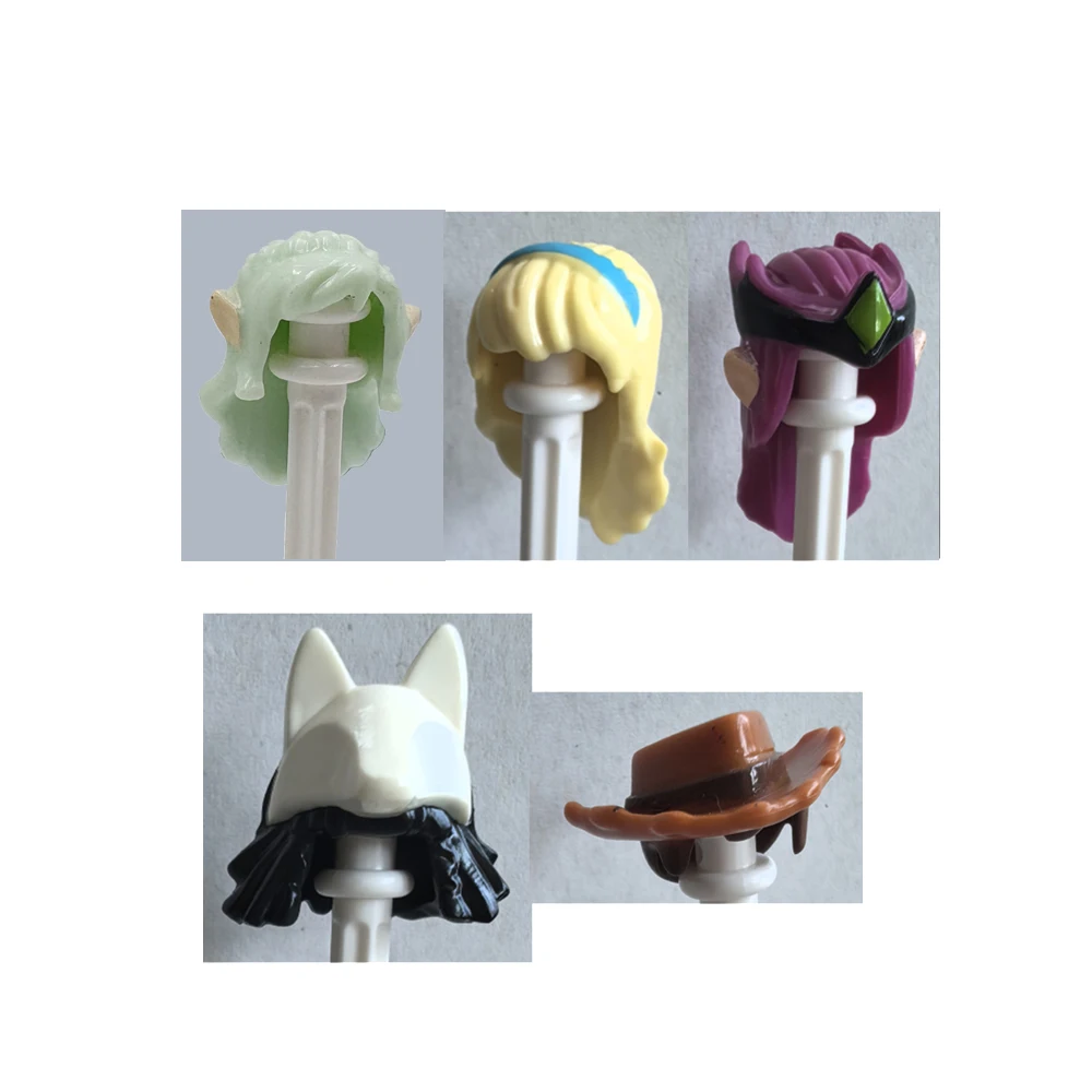 MOC 현대 도시 헤어 액세서리 빌딩 블록 피규어 소년 소녀 브라운 블랙 2 색 헤어 스타일 포니 테일 곱슬 DIY 장난감 K054