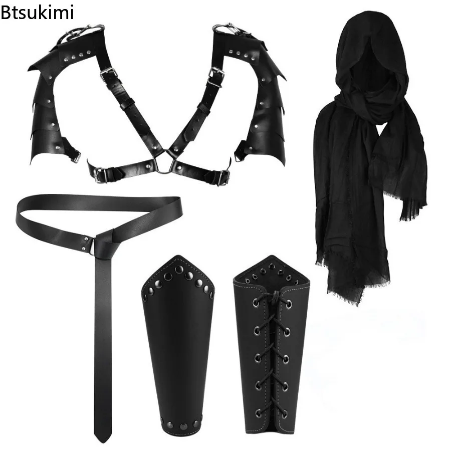 Halloween Cosplay Costume Accessories Medieval Viking Knight Clothes Prop Leather Belt Shoulder Armor Wristguards Waist Bag Sets