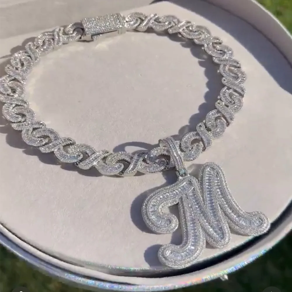 UWIN Baguettecz Letter Pendant for Women Iced Out Cubic Zirconia Infinity Cuban Chain Necklaces Fashion Hip Hop Jewelry for Gift