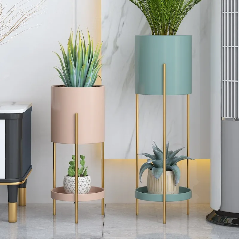 Minimally Modern Wrought Iron Flower Rack Living Room Floor Standing Double Layer Plant Rack Green Ivy Succulent Flower Pot Rack