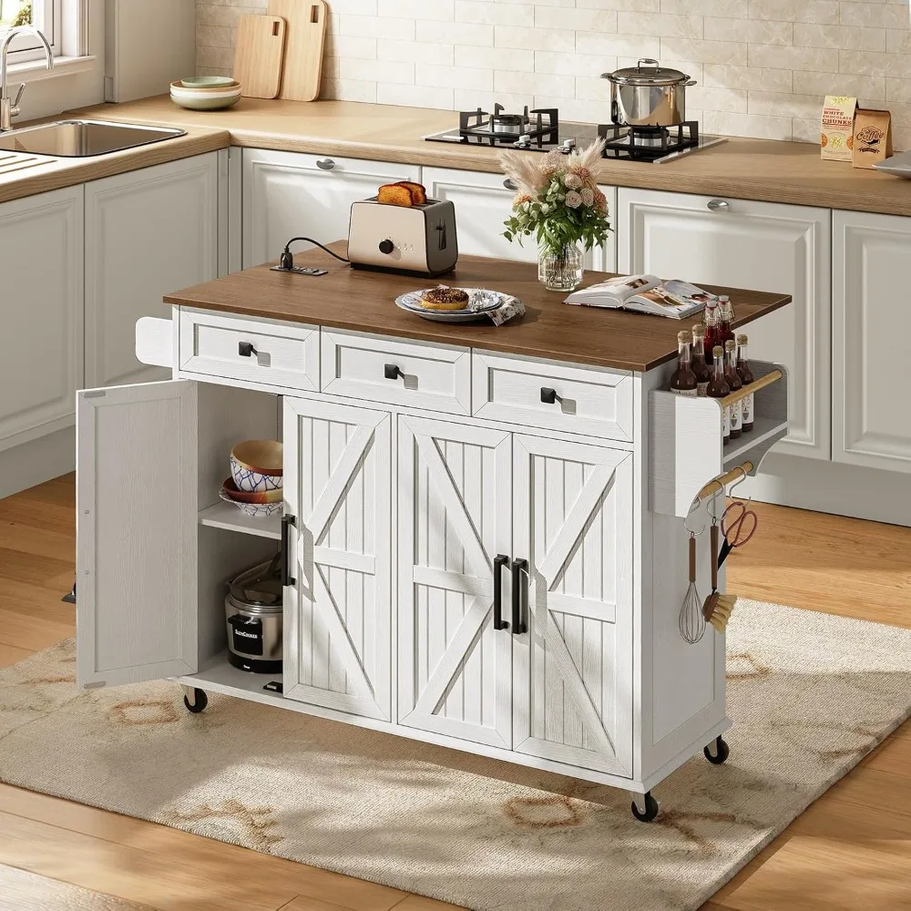 Kitchen Island with Drop Leaf, Kitchen Cart with Charging Station,Kitchen Table with Storage,Rolling Island Table with 3 Drawers 3