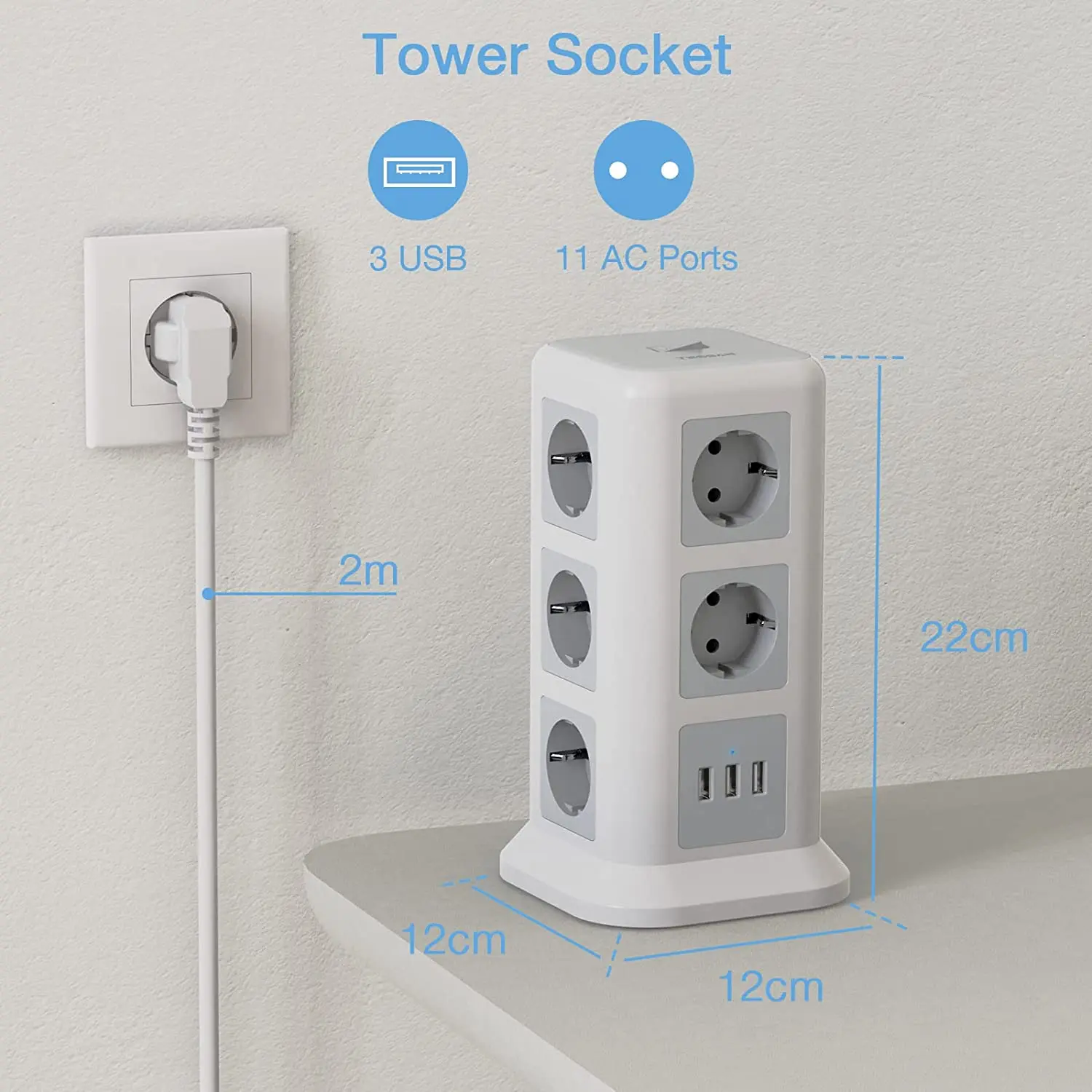 Comprar Regleta múltiple TESSAN Tower, enchufe Vertical UE, 8 enchufes con  4 puertos USB, Protector contra sobretensiones, protección contra  sobrecarga, cable de extensión de 2m