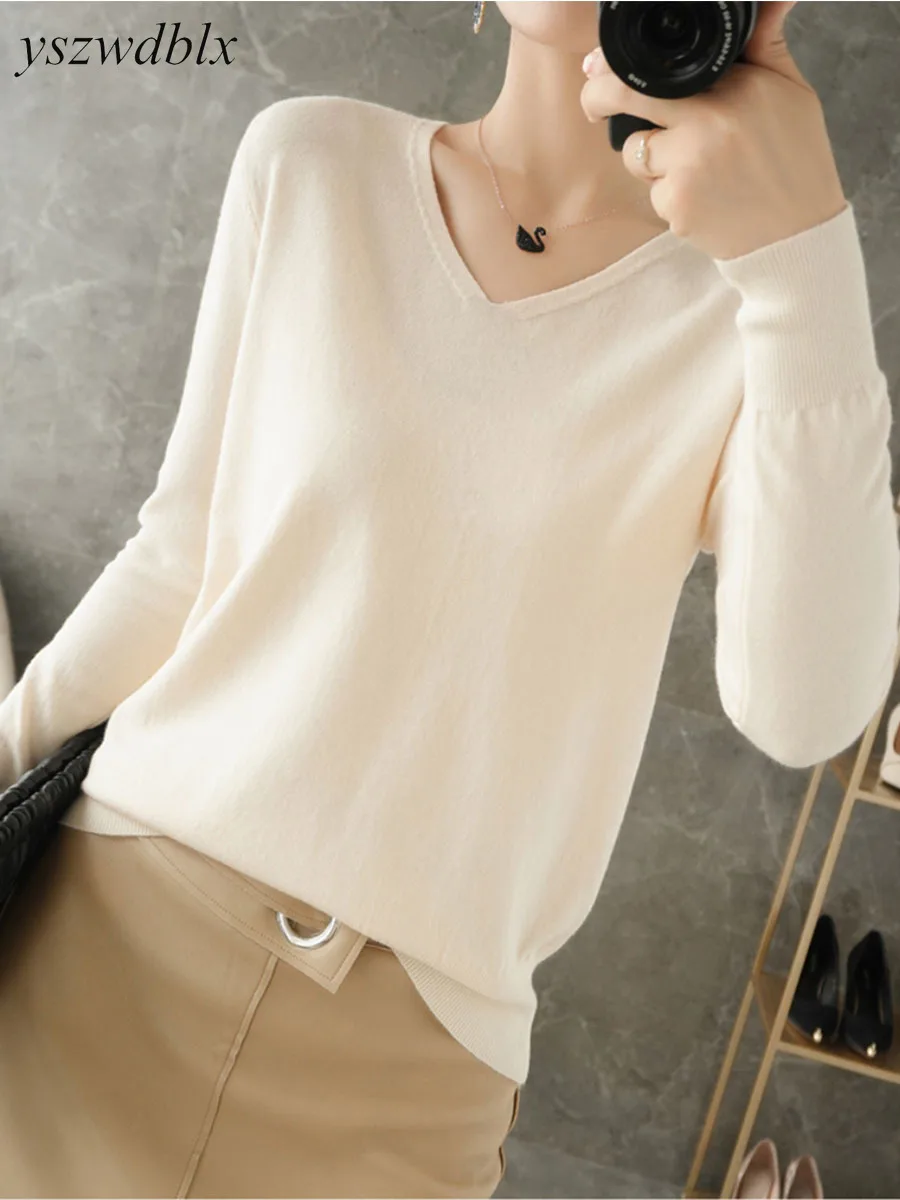 34744-84860c.jpg YSZWDBLX Womens Sweaters Spring Autumn V-neck Knitted Pullovers Loose Bottoming Shirt Cashmere Fashion Jumper Solid Pink Sweater - Image 1